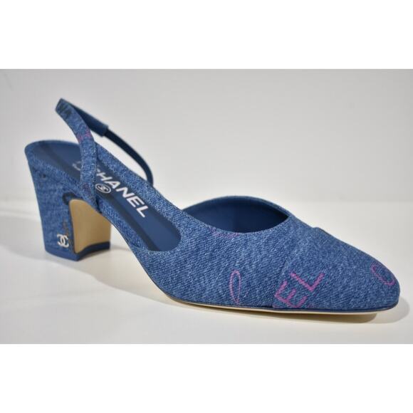 Chanel 22P Mademoiselle Coco Sling Light Blue Denim Slingback Sandal Heel 37 - Picture 4 of 10